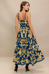 IMPERIAL BLOOM BLUE WOVEN MIDI DRESS - Flying Tomato - Flyclothing LLC