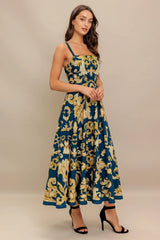 IMPERIAL BLOOM BLUE WOVEN MIDI DRESS - Flying Tomato - Flyclothing LLC