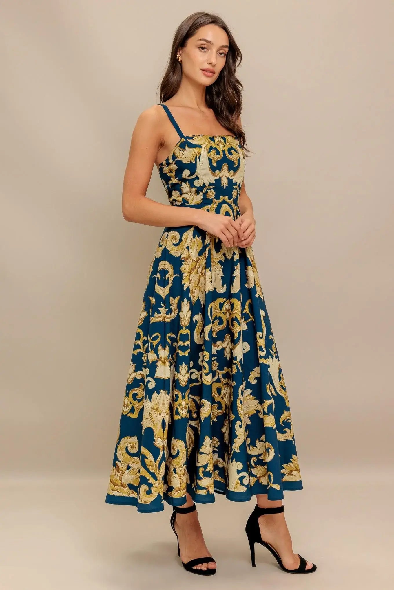 IMPERIAL BLOOM BLUE WOVEN MIDI DRESS - Flying Tomato - Flyclothing LLC