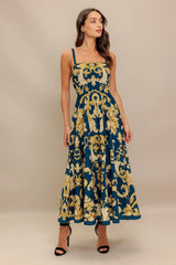 IMPERIAL BLOOM BLUE WOVEN MIDI DRESS - Flying Tomato - Flyclothing LLC