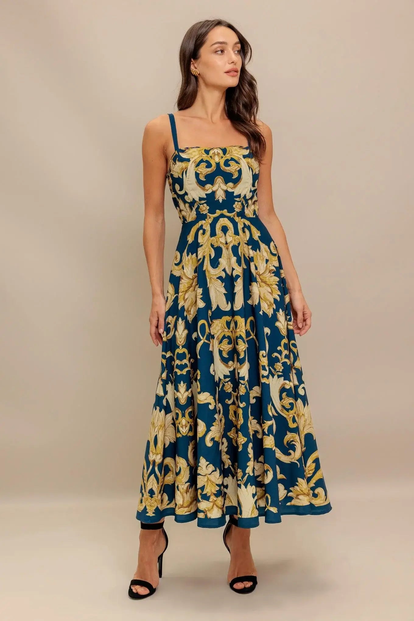 IMPERIAL BLOOM BLUE WOVEN MIDI DRESS - Flying Tomato - Flyclothing LLC