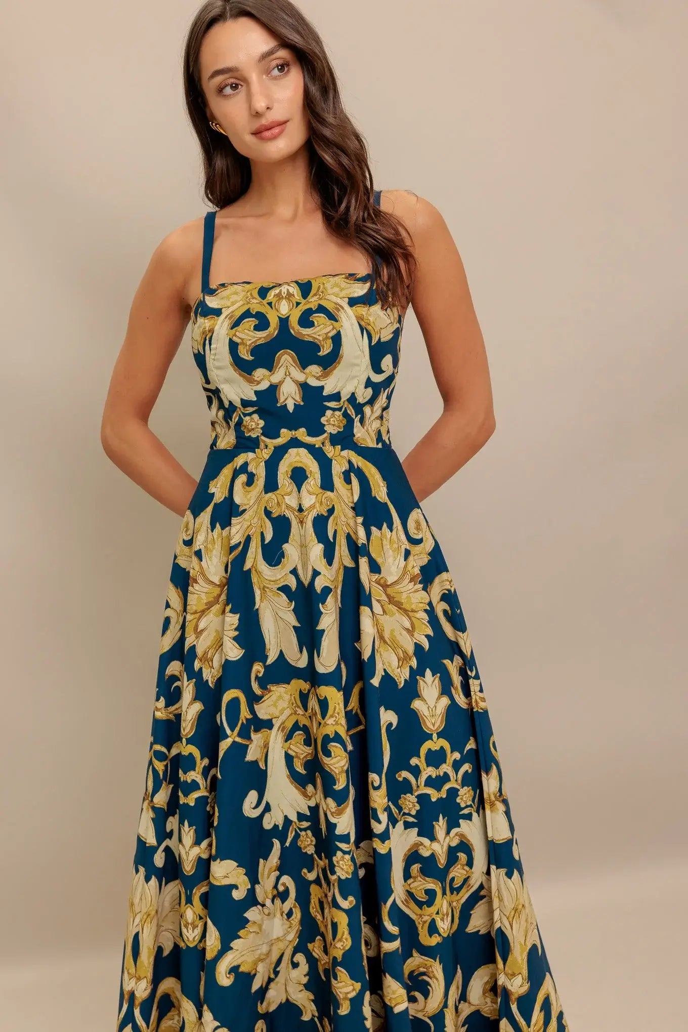IMPERIAL BLOOM BLUE WOVEN MIDI DRESS - Flying Tomato - Flyclothing LLC