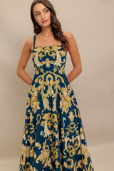 IMPERIAL BLOOM BLUE WOVEN MIDI DRESS - Flying Tomato - Flyclothing LLC