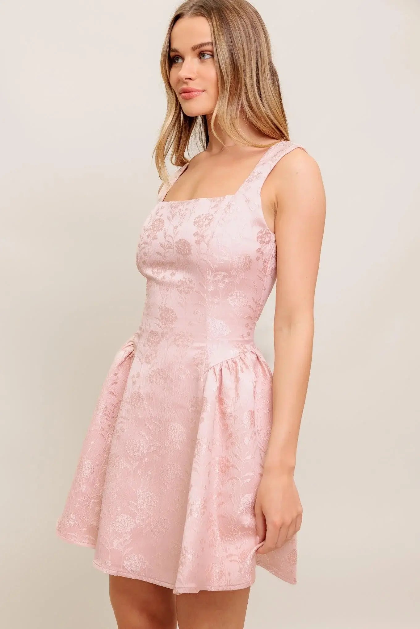 SWEET BLOOM WOVEN JACQUARD SATIN MINI DRESS - Flying Tomato - Flyclothing LLC
