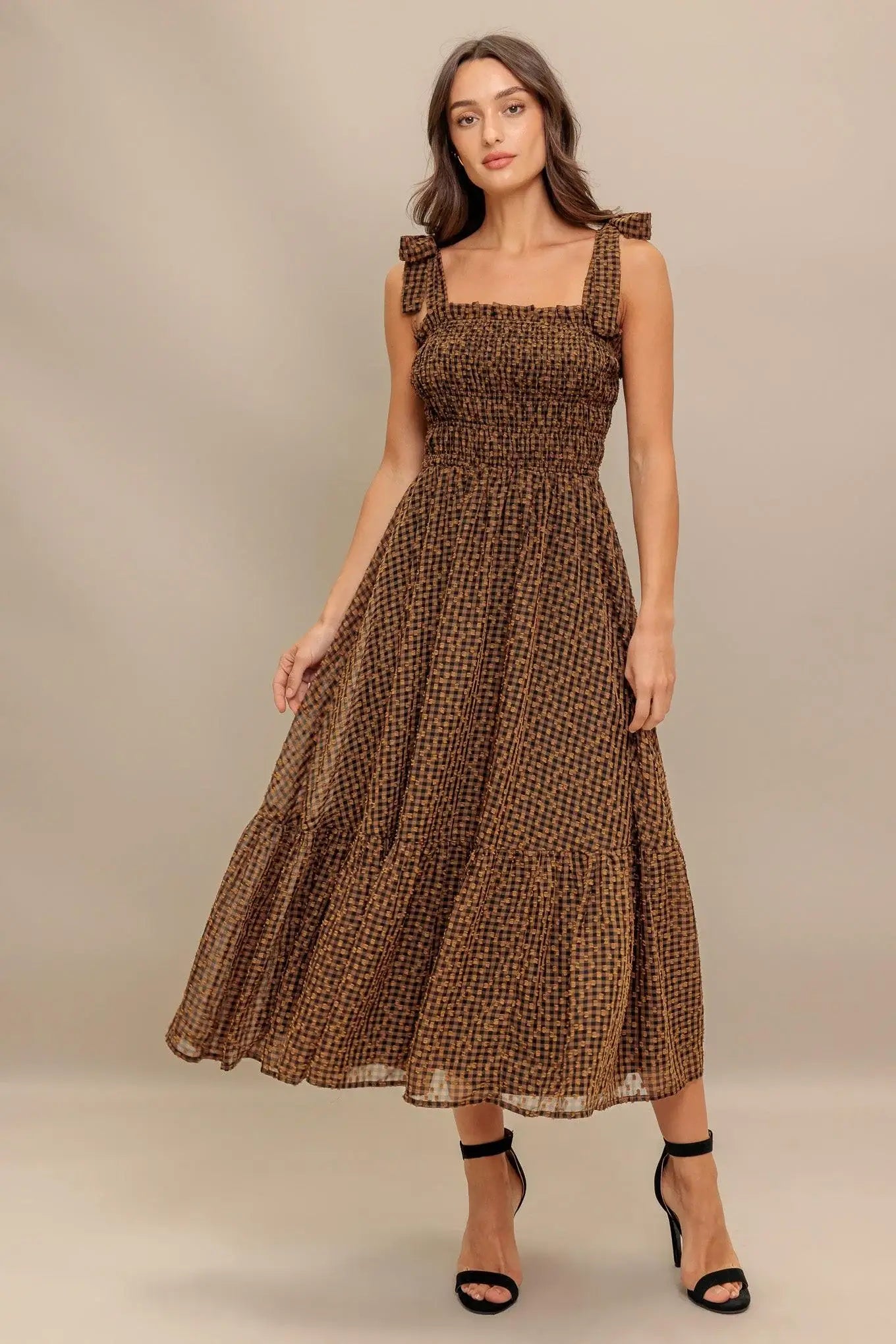 CHECKED DAYDREAM WOVEN MIDI DRESS - Flying Tomato - Flyclothing LLC