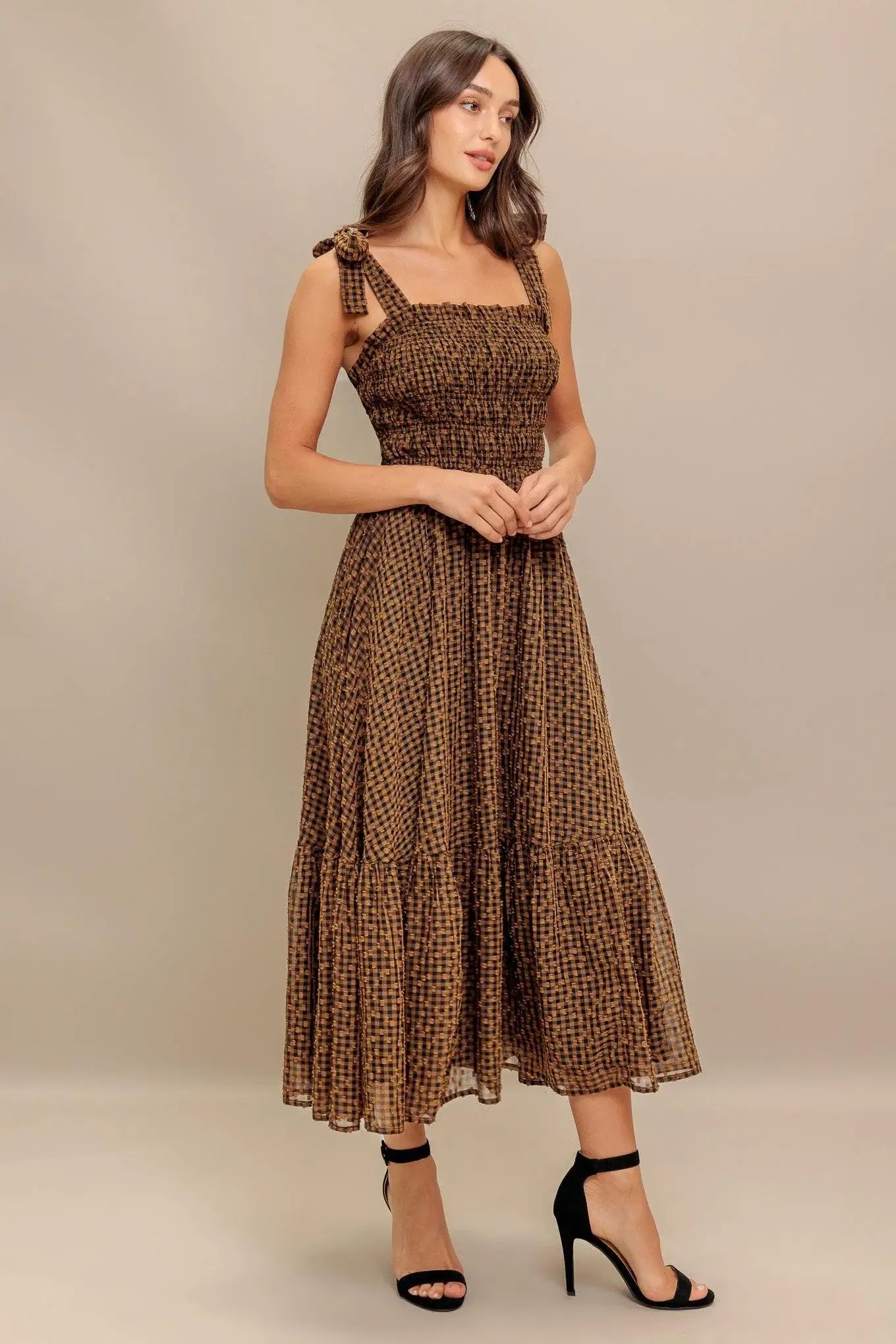 CHECKED DAYDREAM WOVEN MIDI DRESS - Flying Tomato - Flyclothing LLC