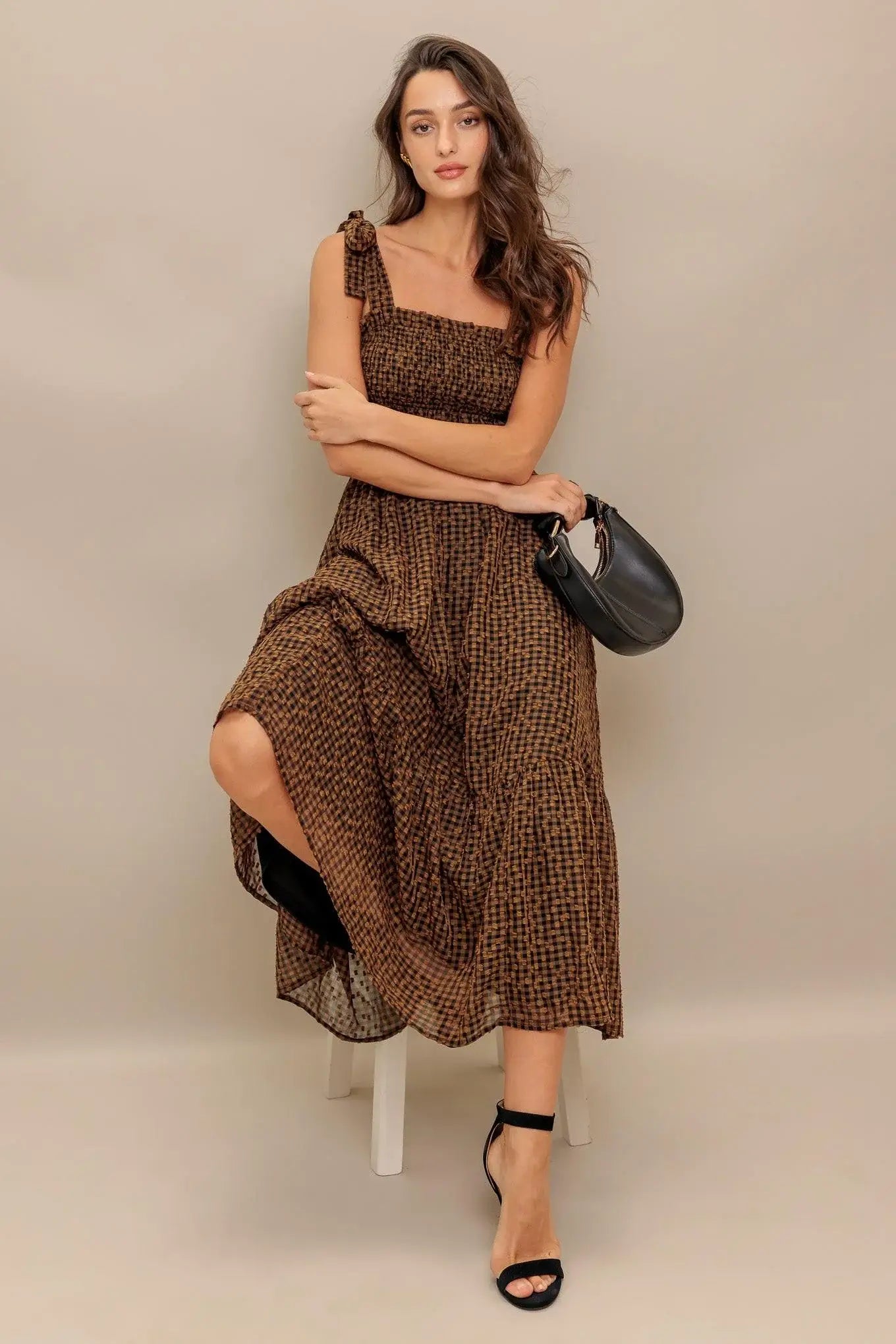 CHECKED DAYDREAM WOVEN MIDI DRESS - Flying Tomato - Flyclothing LLC