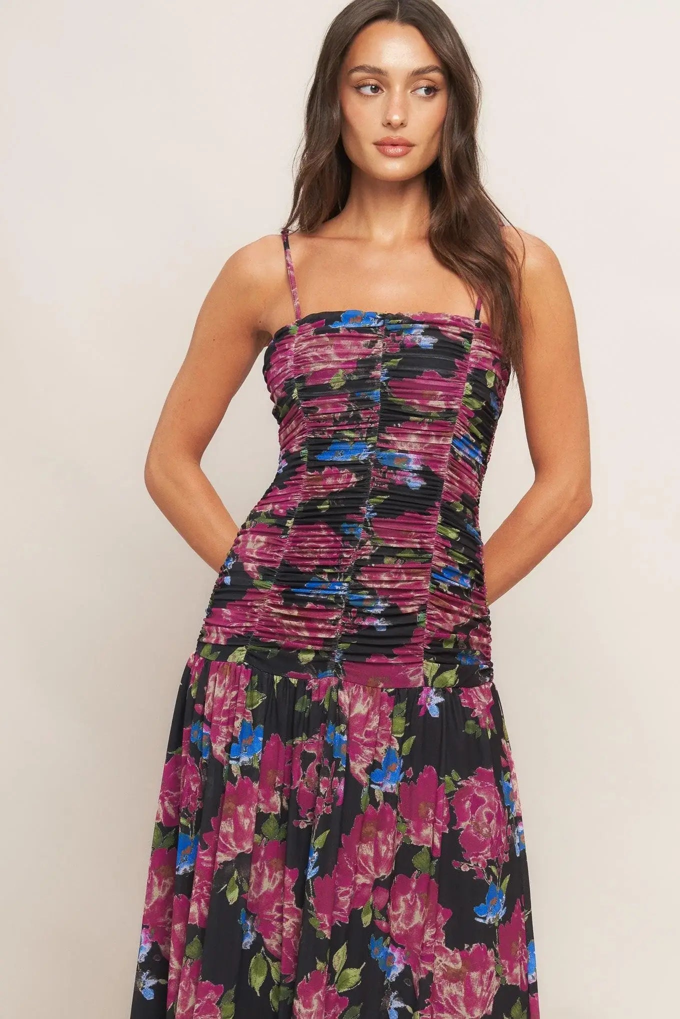 NIGHT FLORIST POWER MESH MAXI DRESS - Flying Tomato - Flyclothing LLC
