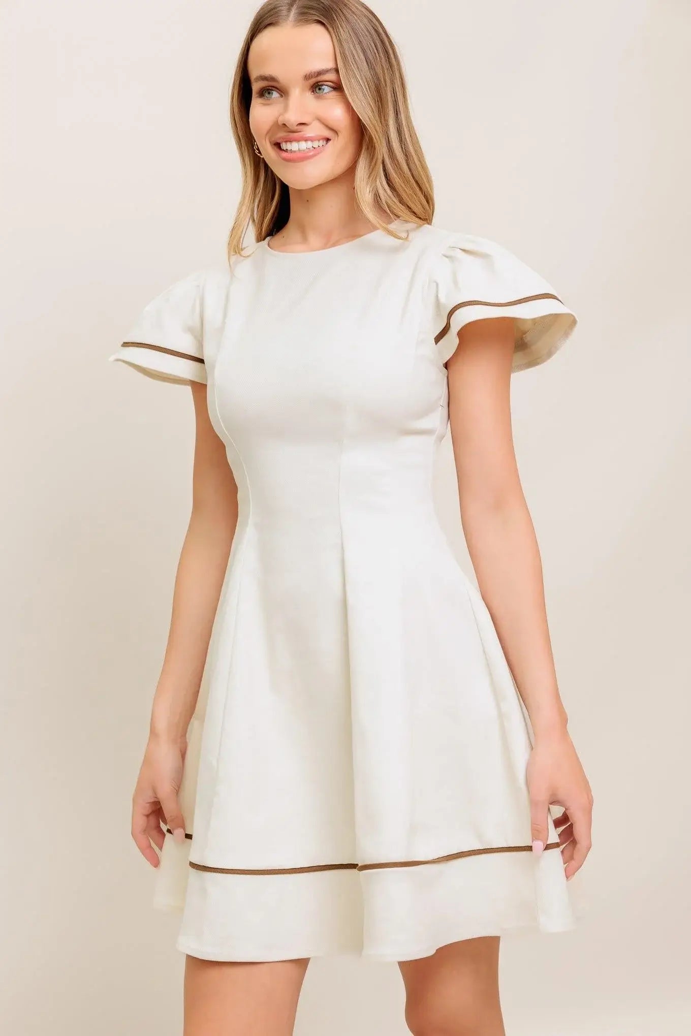 CREAM MILK TEA WOVEN MINI DRESS - Flying Tomato - Flyclothing LLC