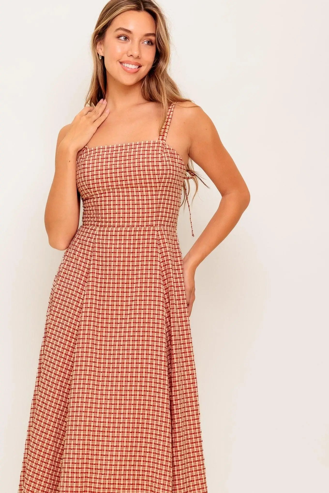 GINGHAM SUMMER WOVEN MIDI DRESS - Flying Tomato - Flyclothing LLC