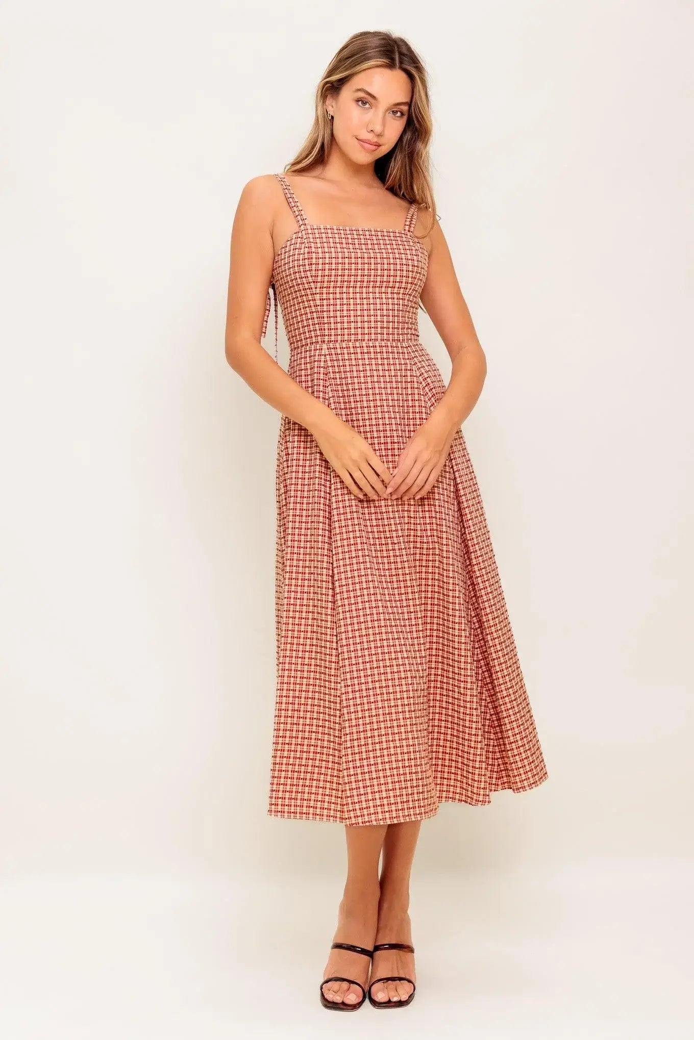 GINGHAM SUMMER WOVEN MIDI DRESS - Flying Tomato - Flyclothing LLC