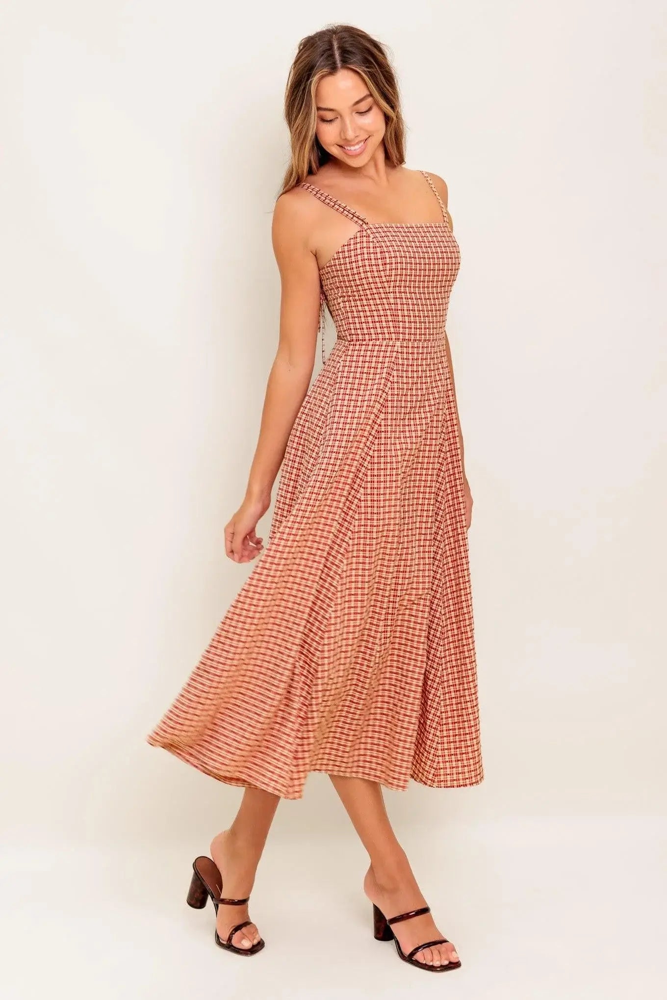 GINGHAM SUMMER WOVEN MIDI DRESS - Flying Tomato - Flyclothing LLC