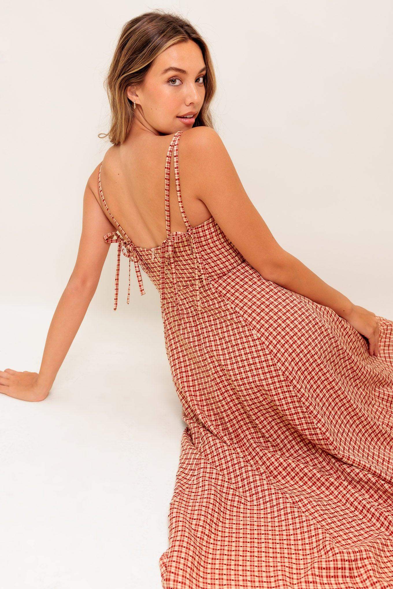 GINGHAM SUMMER WOVEN MIDI DRESS - Flying Tomato - Flyclothing LLC