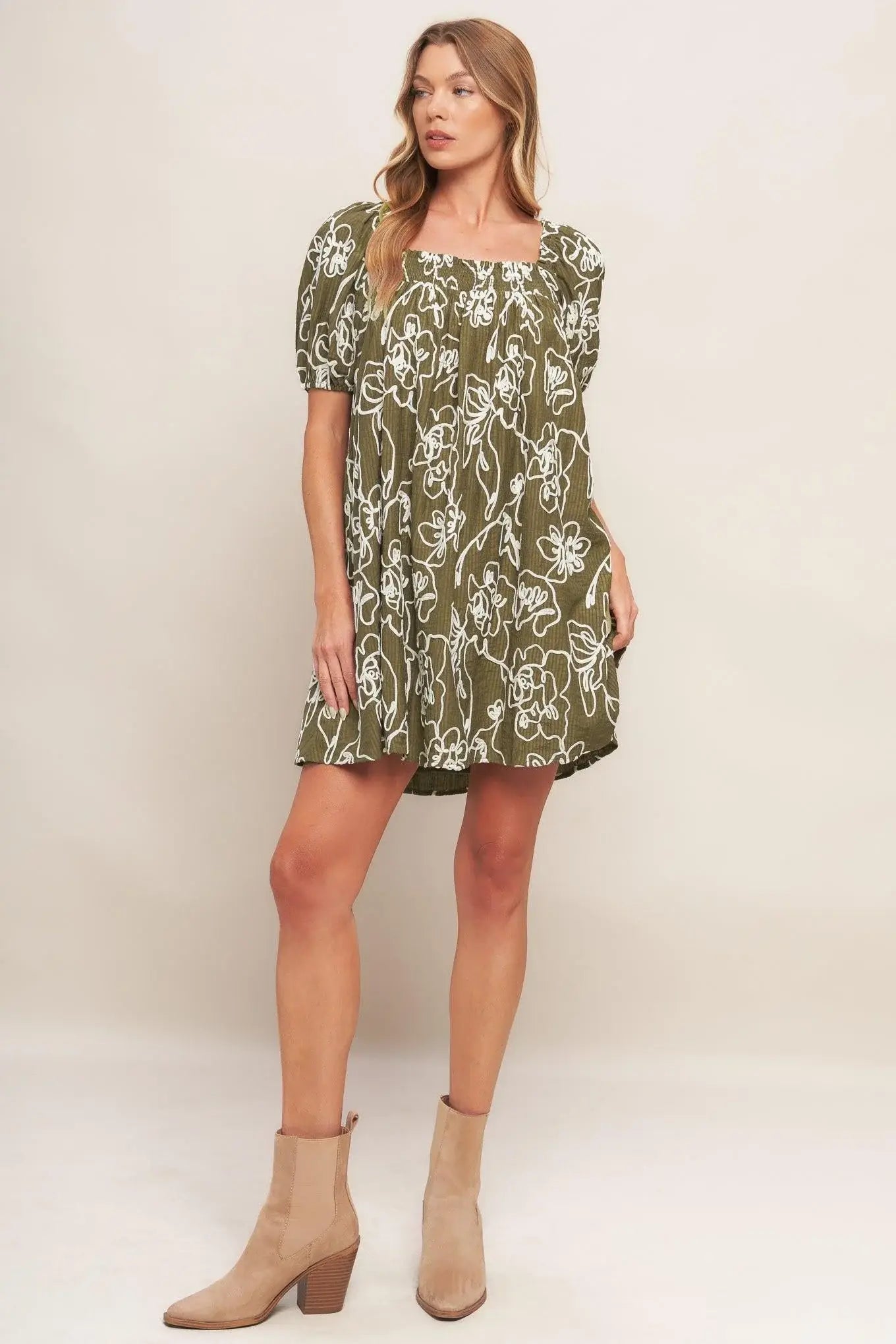 BOTANICAL OUTLINE WOVEN MINI DRESS - Flying Tomato - Flyclothing LLC