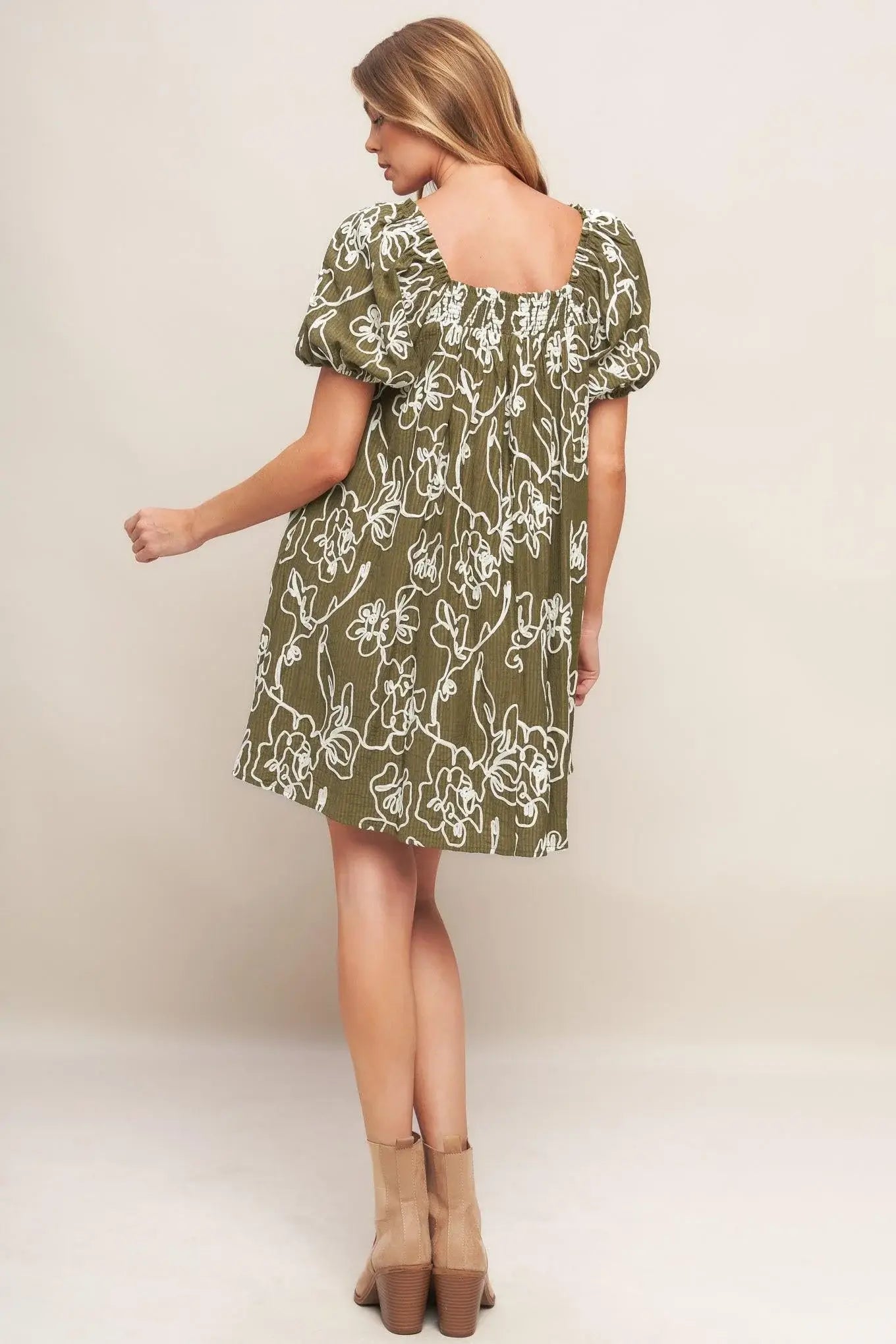 BOTANICAL OUTLINE WOVEN MINI DRESS - Flying Tomato - Flyclothing LLC