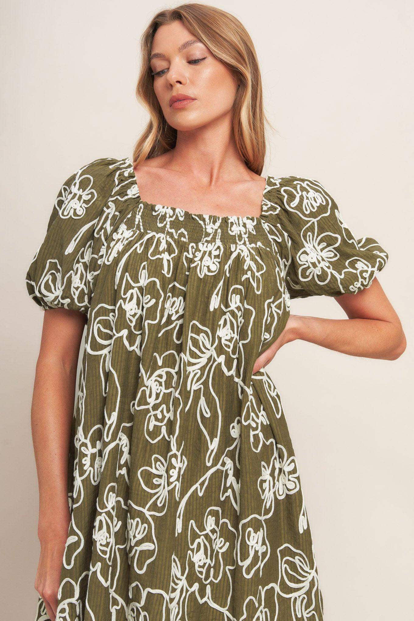 BOTANICAL OUTLINE WOVEN MINI DRESS - Flying Tomato - Flyclothing LLC