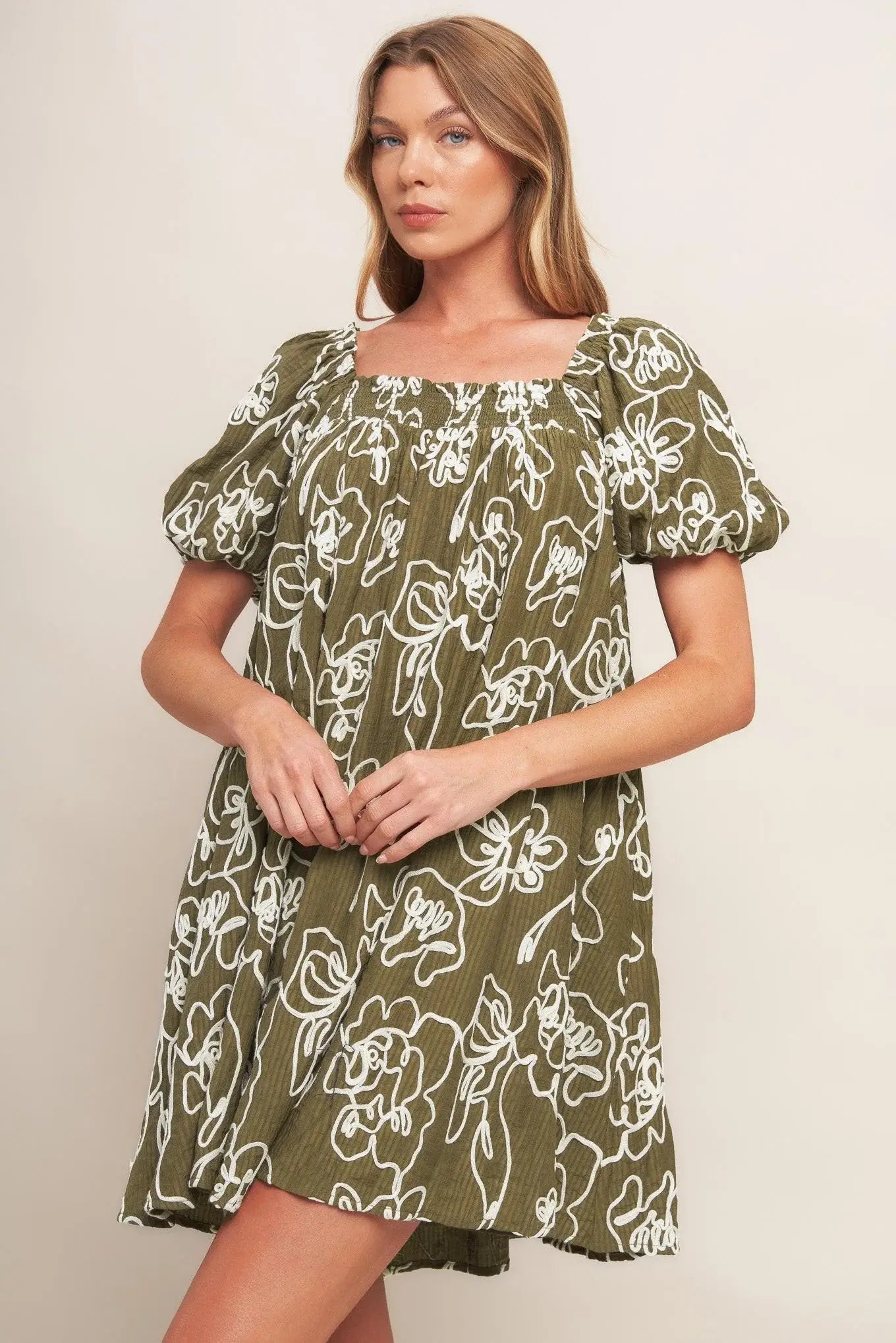 BOTANICAL OUTLINE WOVEN MINI DRESS - Flying Tomato - Flyclothing LLC