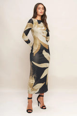 ABSTRACT BOTANICA POWER MESH MIDI DRESS - Flying Tomato - Flyclothing LLC