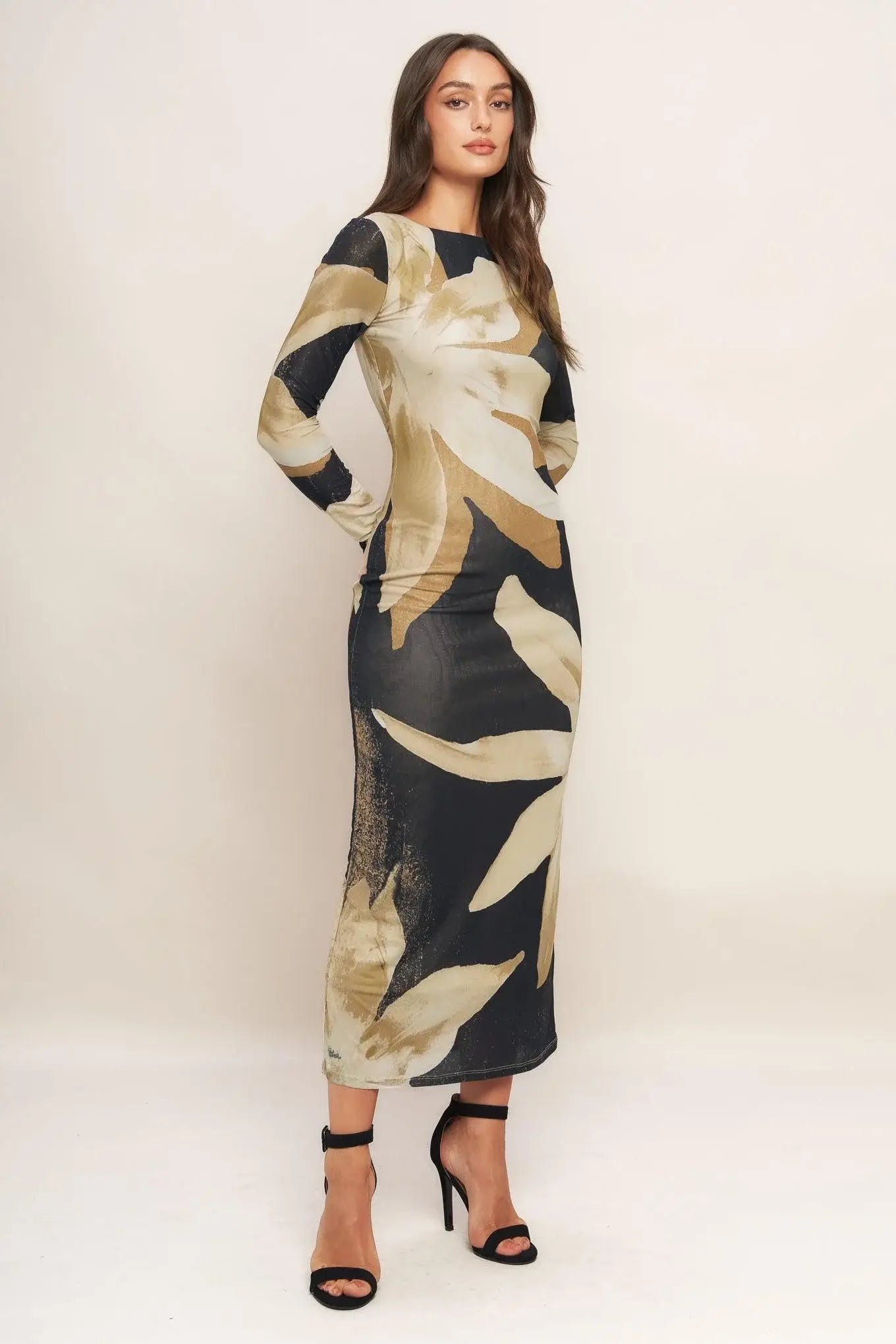ABSTRACT BOTANICA POWER MESH MIDI DRESS - Flying Tomato - Flyclothing LLC