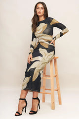ABSTRACT BOTANICA POWER MESH MIDI DRESS - Flying Tomato - Flyclothing LLC