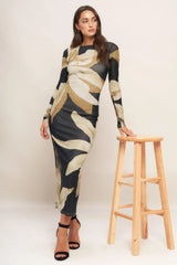 ABSTRACT BOTANICA POWER MESH MIDI DRESS - Flying Tomato - Flyclothing LLC