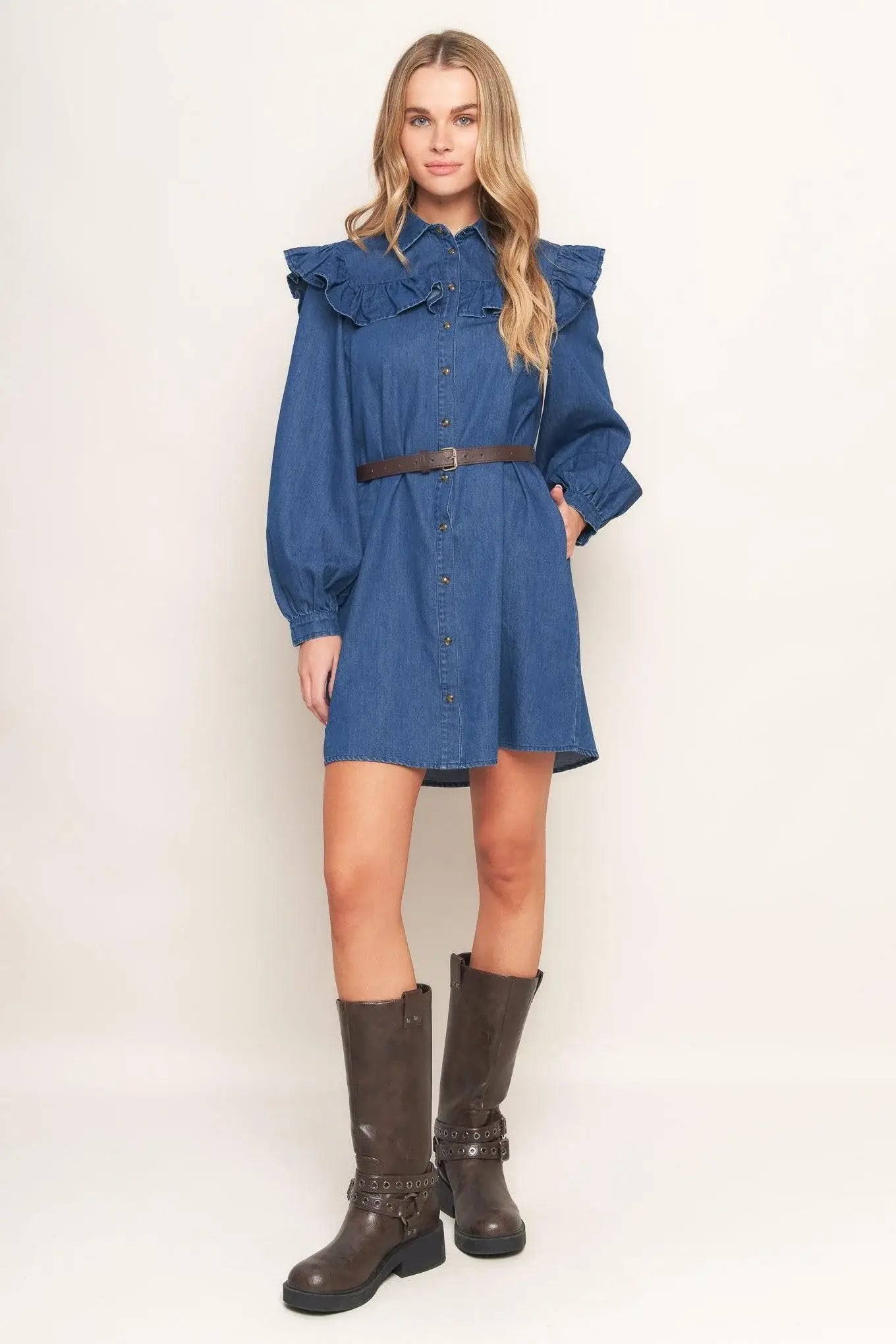 BLUEBIRD COWGIRL DENIM MINI DRESS - Flying Tomato - Flyclothing LLC