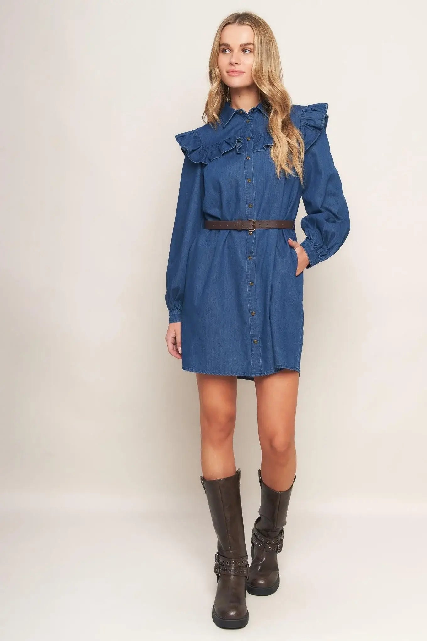 BLUEBIRD COWGIRL DENIM MINI DRESS - Flying Tomato - Flyclothing LLC
