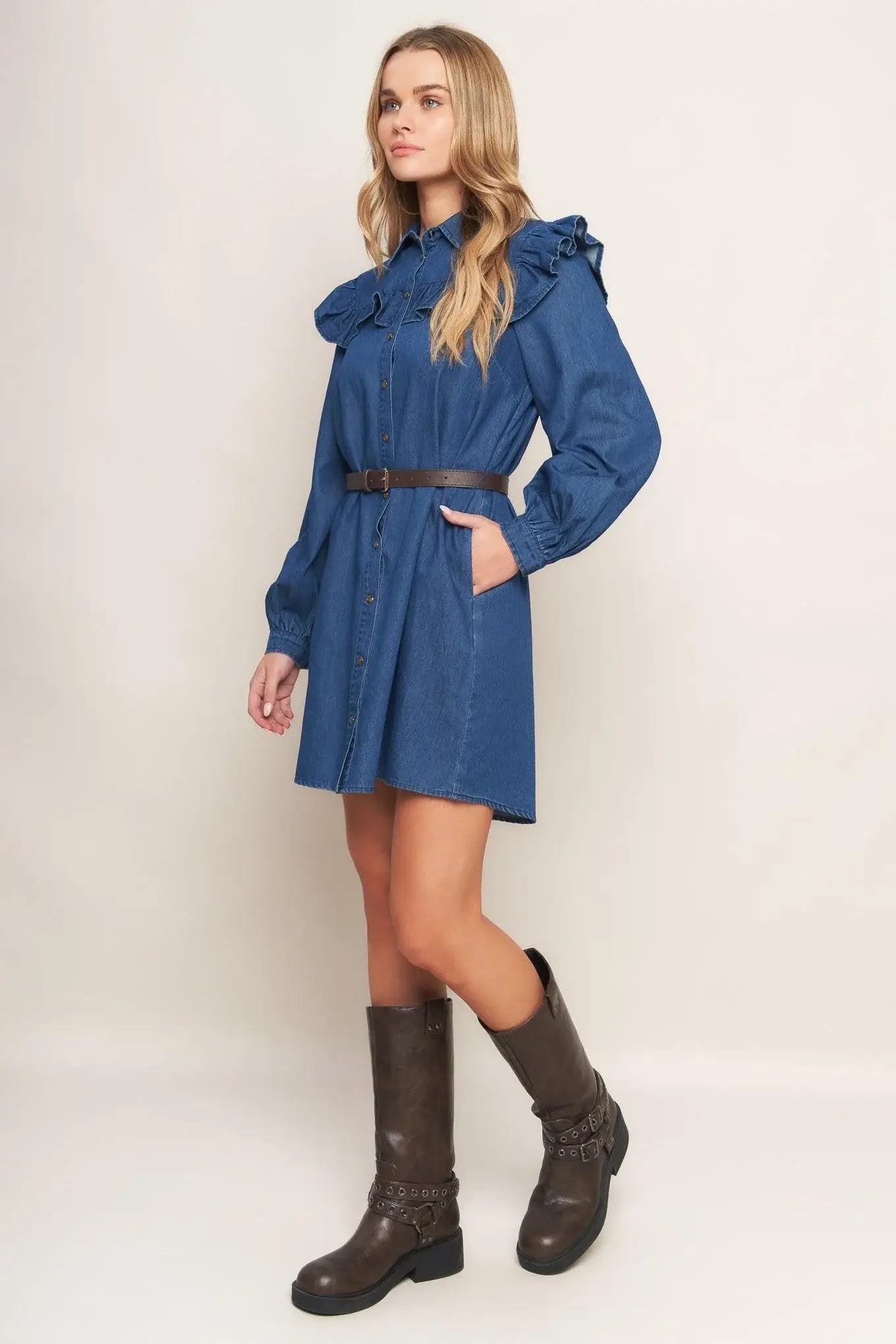 BLUEBIRD COWGIRL DENIM MINI DRESS - Flying Tomato - Flyclothing LLC
