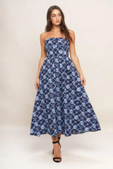 BLUE RENAISSANCE WOVEN MIDI DRESS - Flying Tomato - Flyclothing LLC
