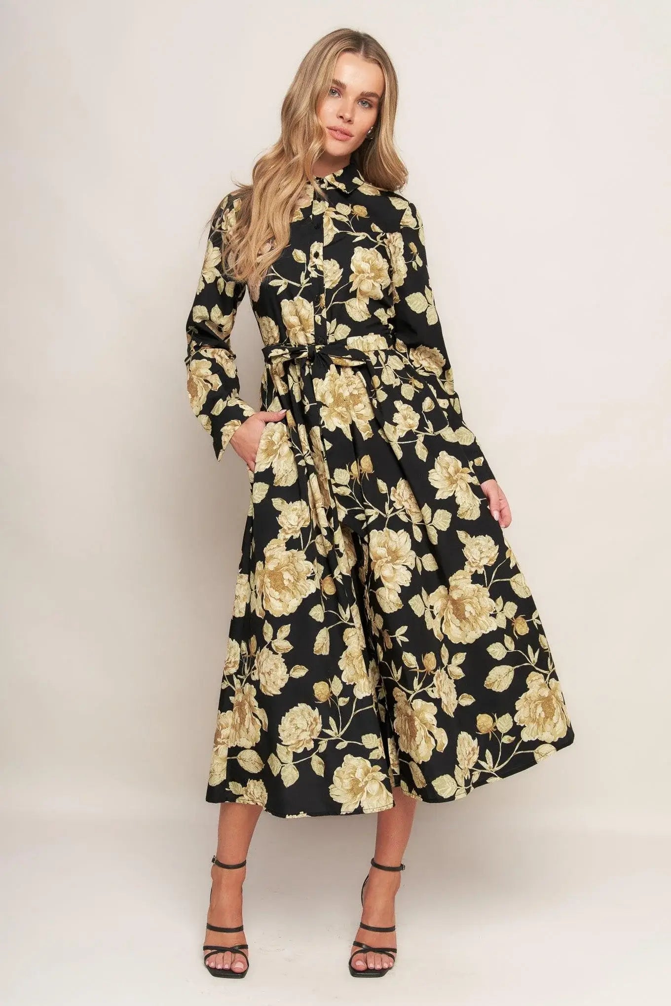 MIDNIGHT BLOOM BLACK WOVEN MIDI DRESS - Flying Tomato - Flyclothing LLC