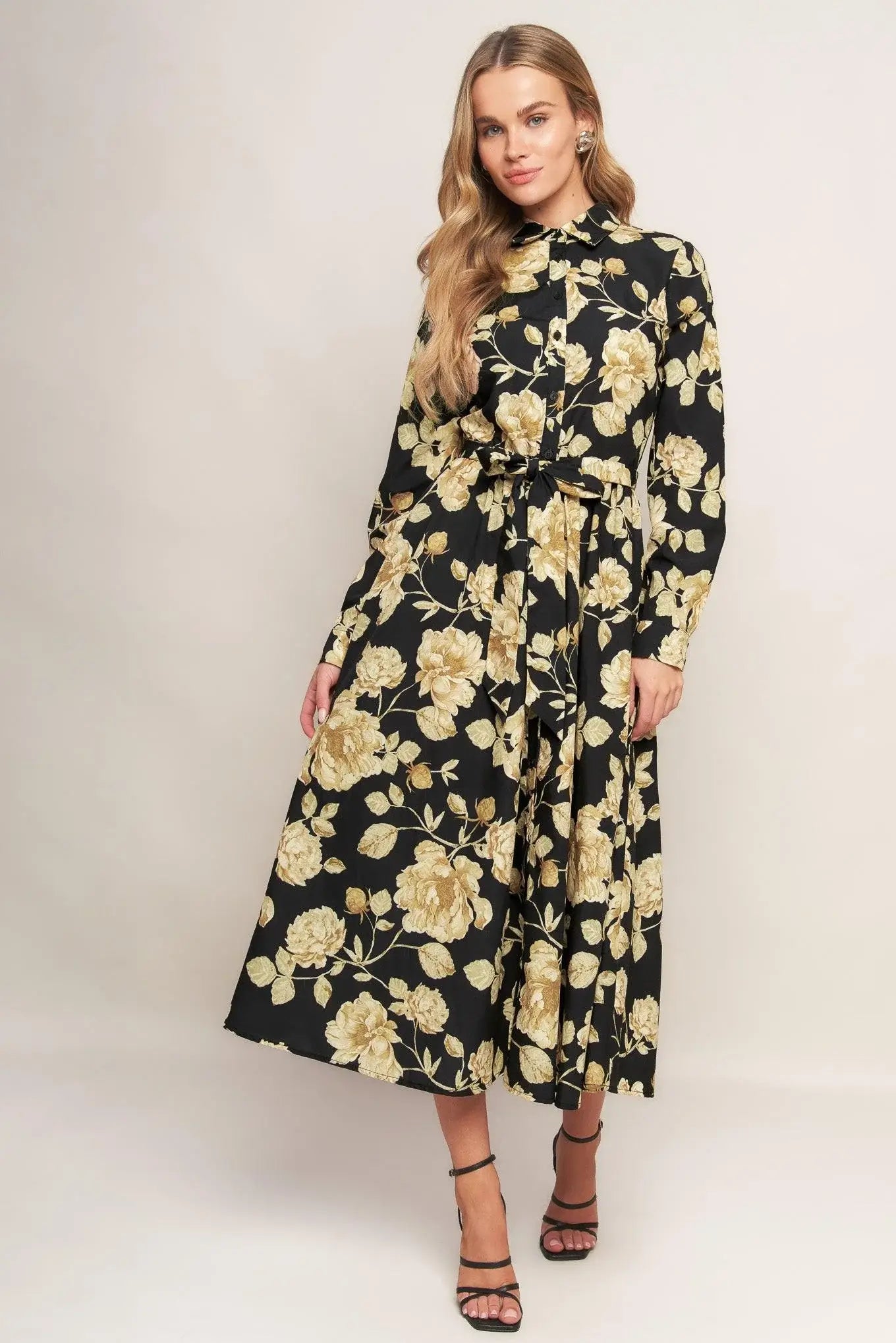 MIDNIGHT BLOOM BLACK WOVEN MIDI DRESS - Flying Tomato - Flyclothing LLC
