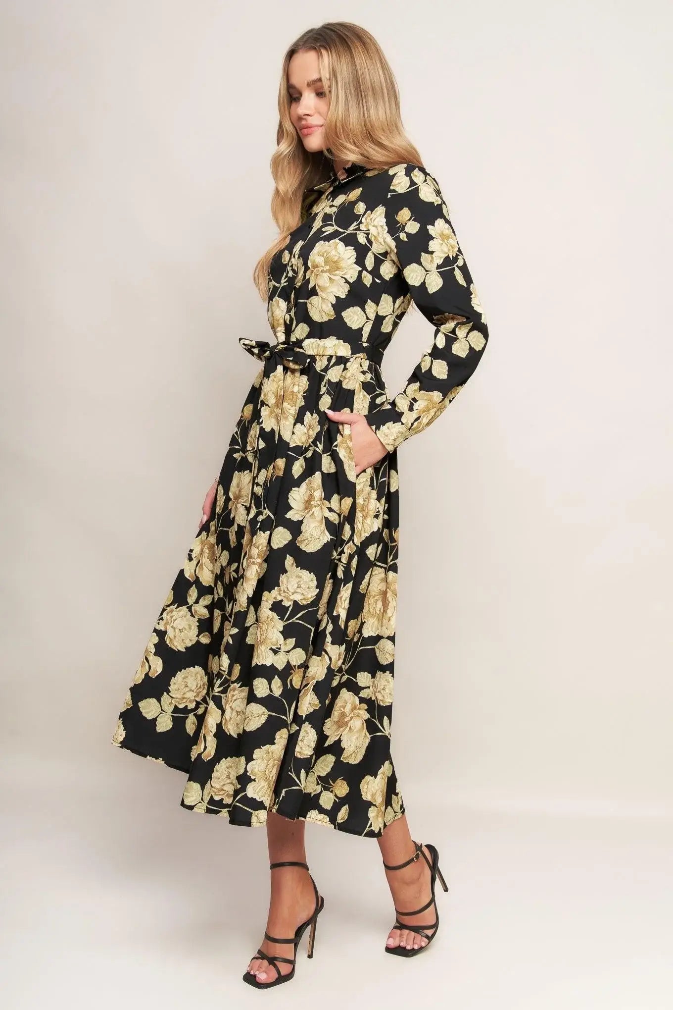 MIDNIGHT BLOOM BLACK WOVEN MIDI DRESS - Flying Tomato - Flyclothing LLC