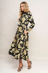 MIDNIGHT BLOOM BLACK WOVEN MIDI DRESS - Flying Tomato - Flyclothing LLC
