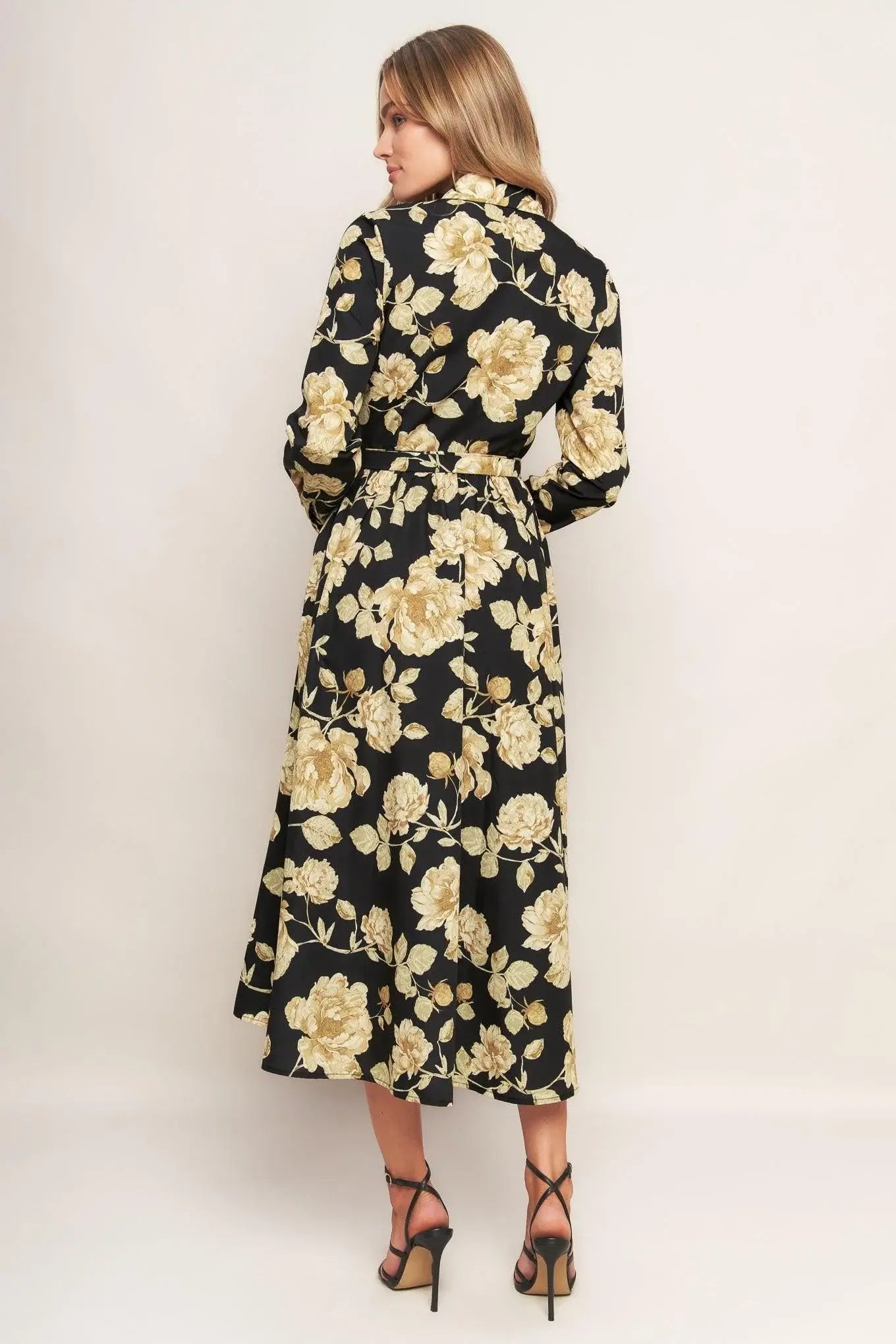 MIDNIGHT BLOOM BLACK WOVEN MIDI DRESS - Flying Tomato - Flyclothing LLC