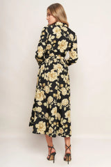 MIDNIGHT BLOOM BLACK WOVEN MIDI DRESS - Flying Tomato - Flyclothing LLC