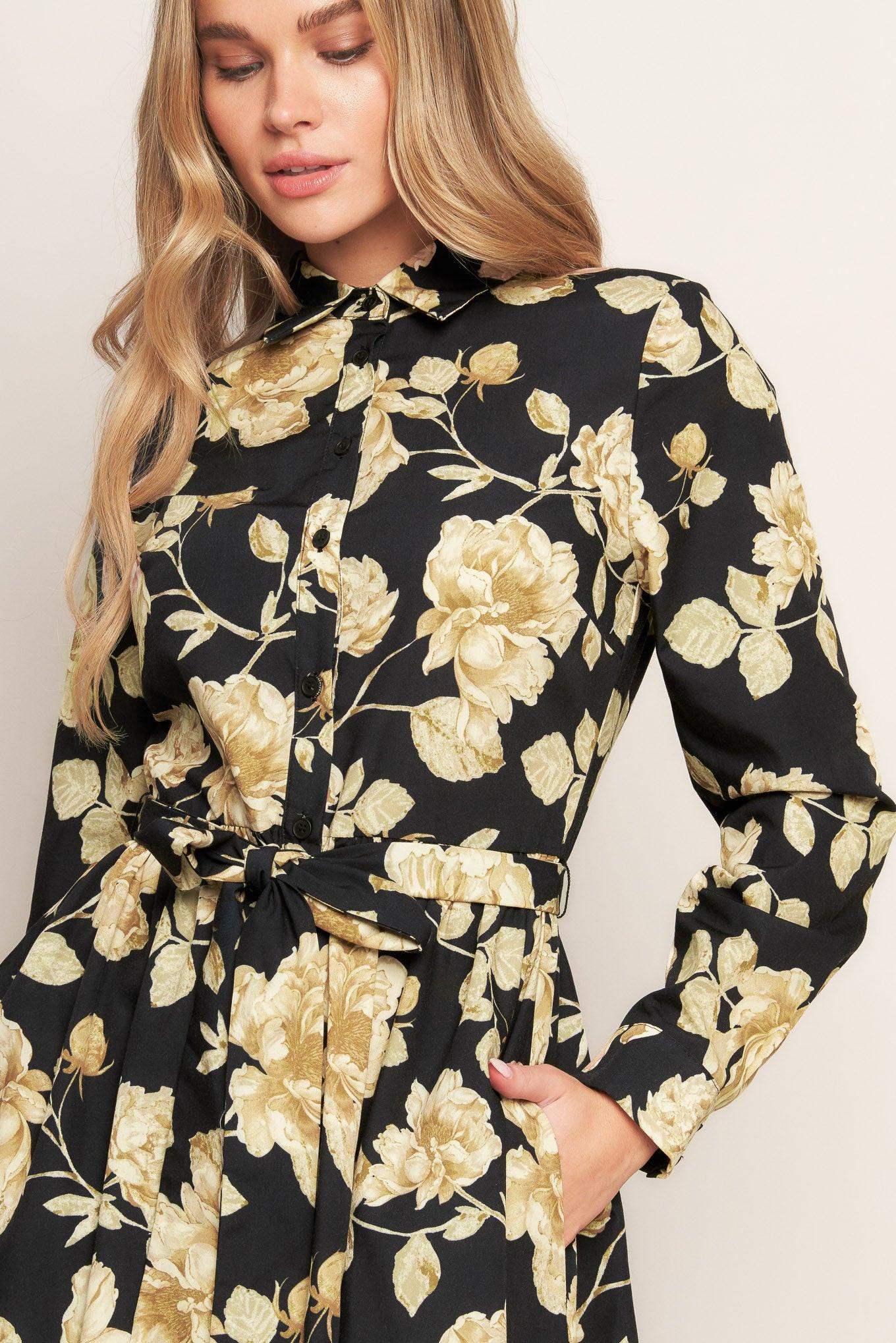 MIDNIGHT BLOOM BLACK WOVEN MIDI DRESS - Flying Tomato - Flyclothing LLC