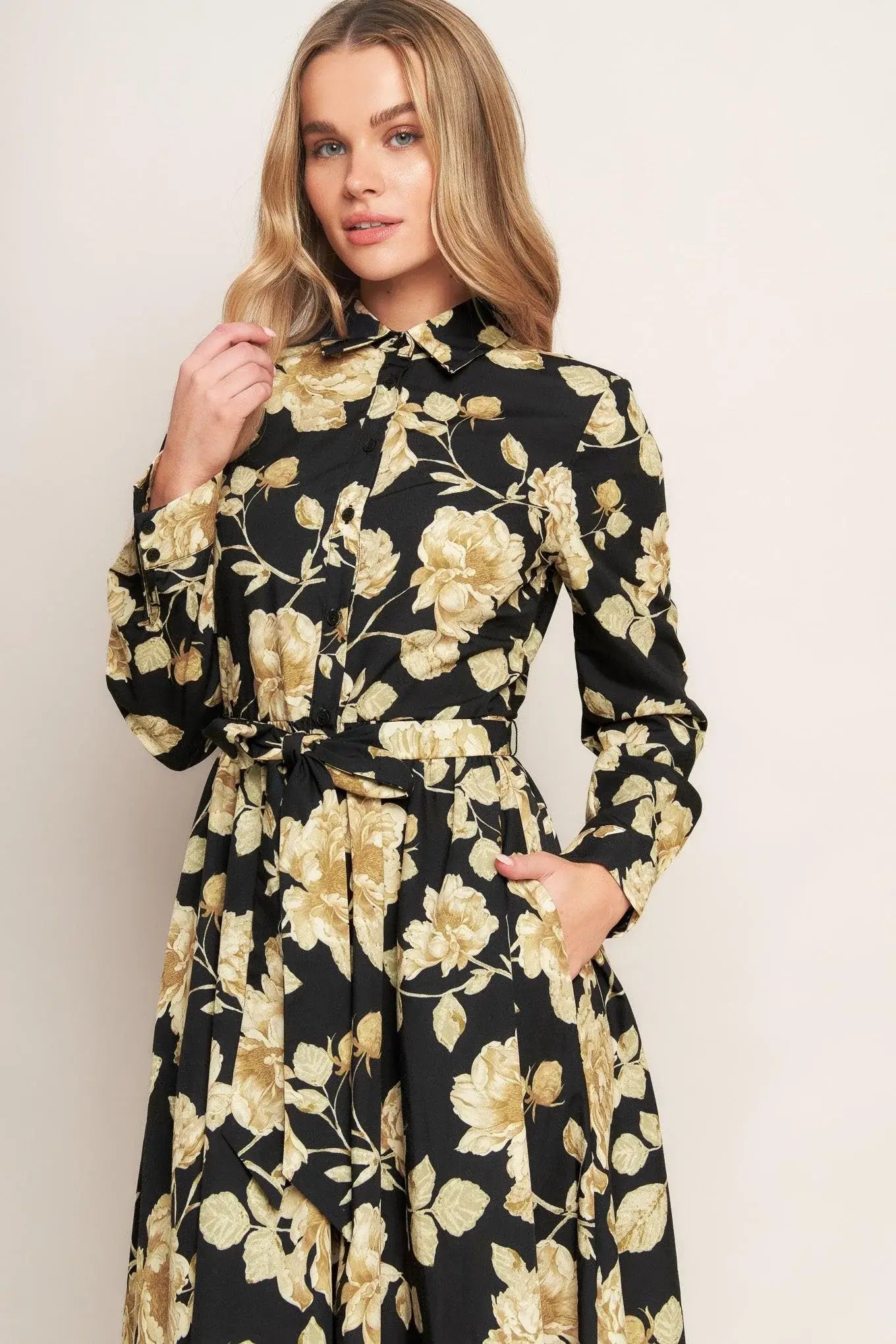 MIDNIGHT BLOOM BLACK WOVEN MIDI DRESS - Flying Tomato - Flyclothing LLC