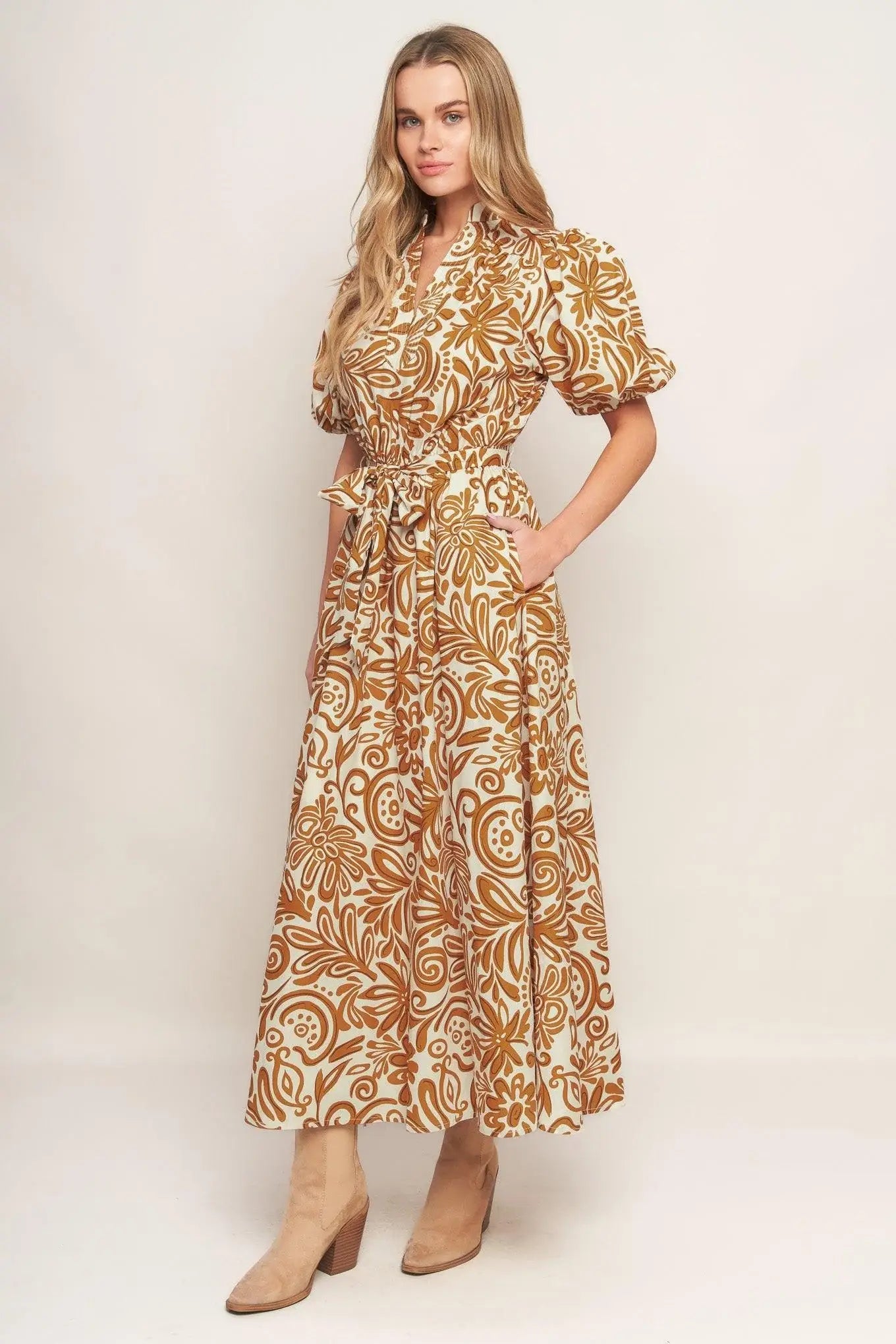 CINNAMON GARDEN WOVEN MIDI DRESS - Flying Tomato - Flyclothing LLC