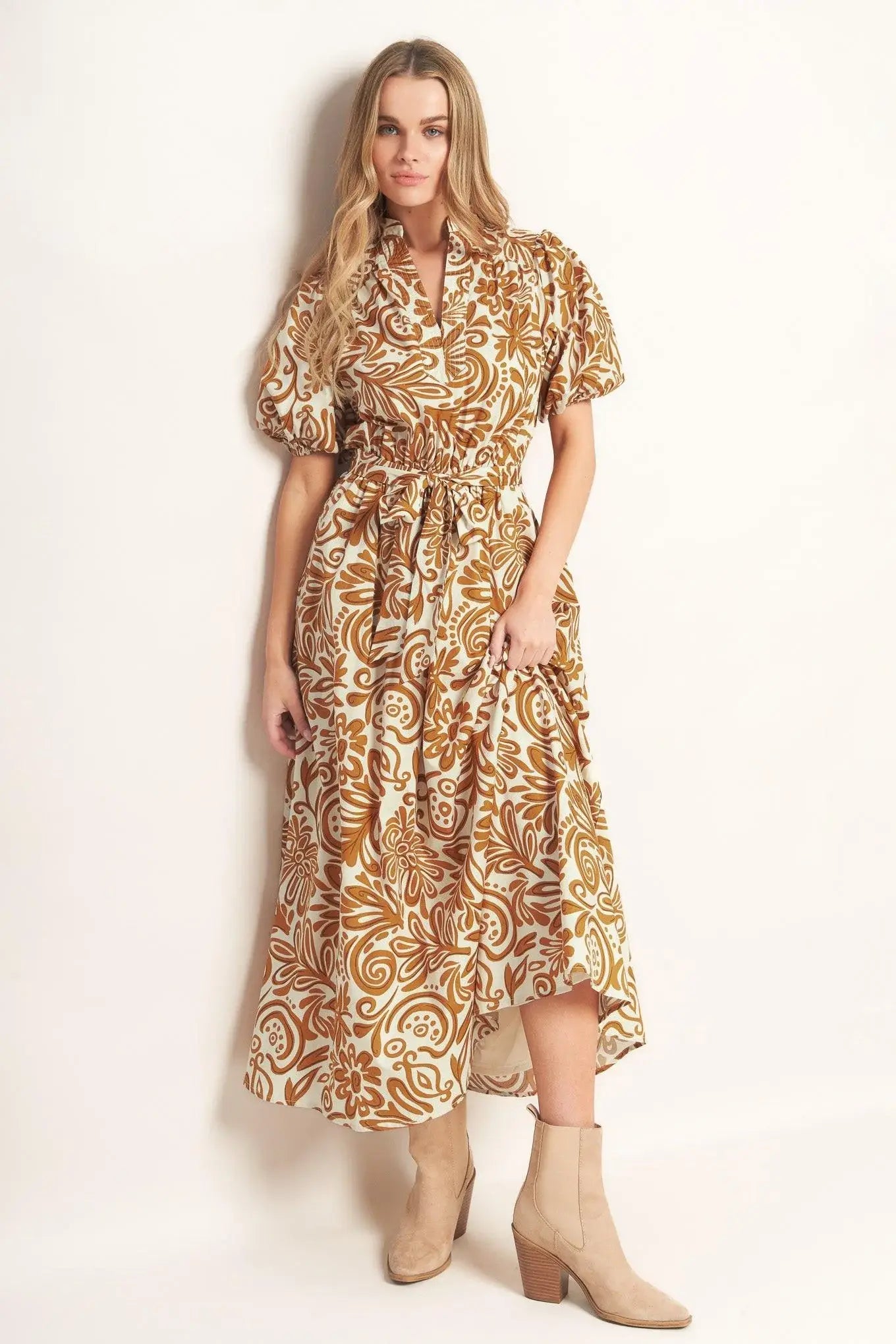 CINNAMON GARDEN WOVEN MIDI DRESS - Flying Tomato - Flyclothing LLC