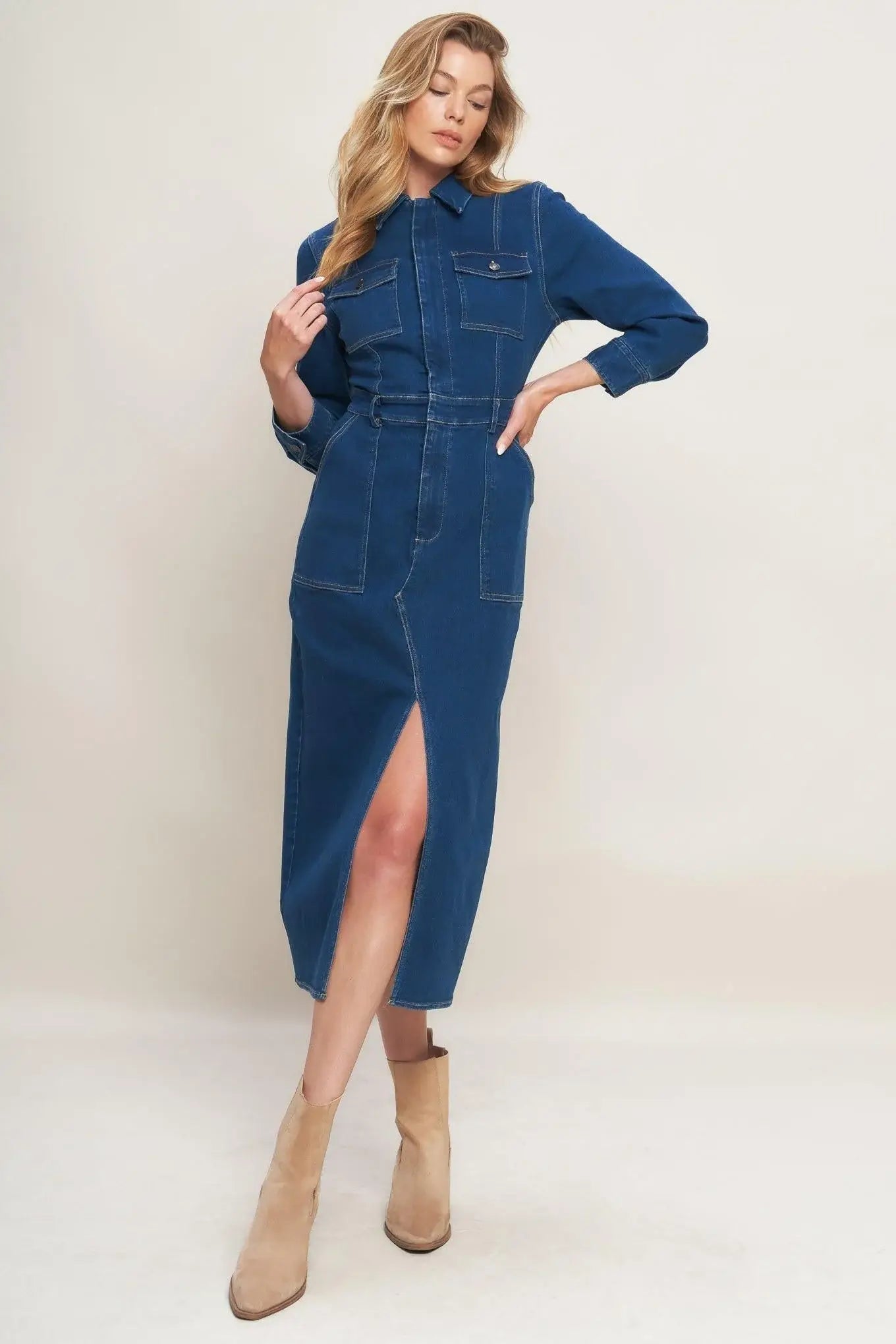 MIDNIGHT DARK INDIGO DENIM MIDI DRESS - Flying Tomato - Flyclothing LLC