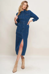 MIDNIGHT DARK INDIGO DENIM MIDI DRESS - Flying Tomato - Flyclothing LLC