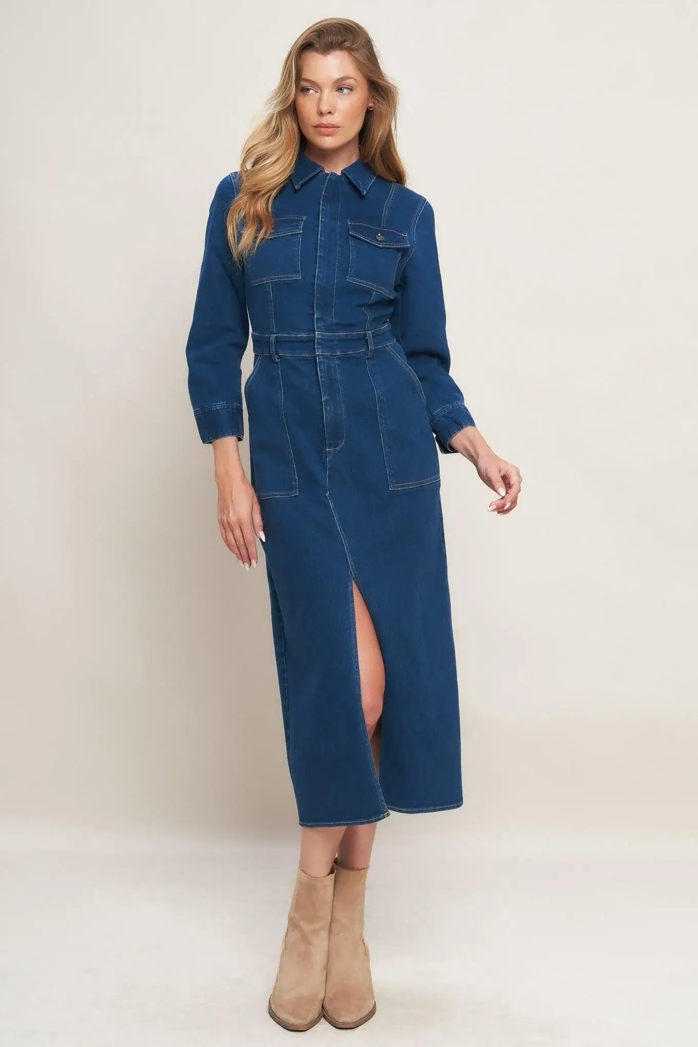 MIDNIGHT DARK INDIGO DENIM MIDI DRESS - Flying Tomato - Flyclothing LLC