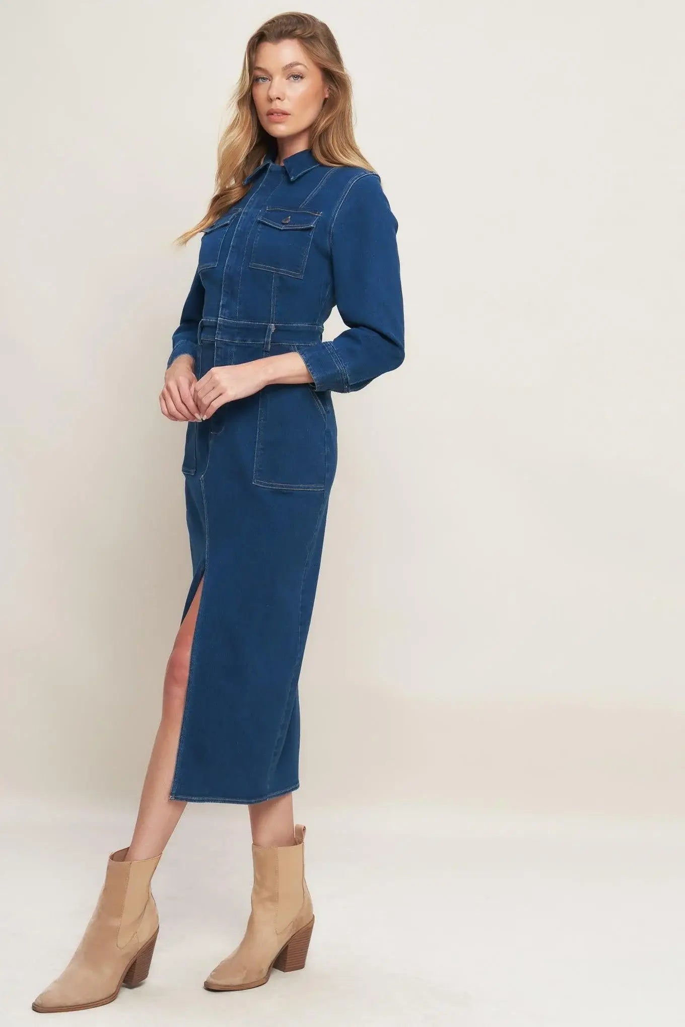 MIDNIGHT DARK INDIGO DENIM MIDI DRESS - Flying Tomato - Flyclothing LLC