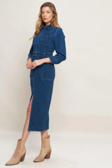 MIDNIGHT DARK INDIGO DENIM MIDI DRESS - Flying Tomato - Flyclothing LLC