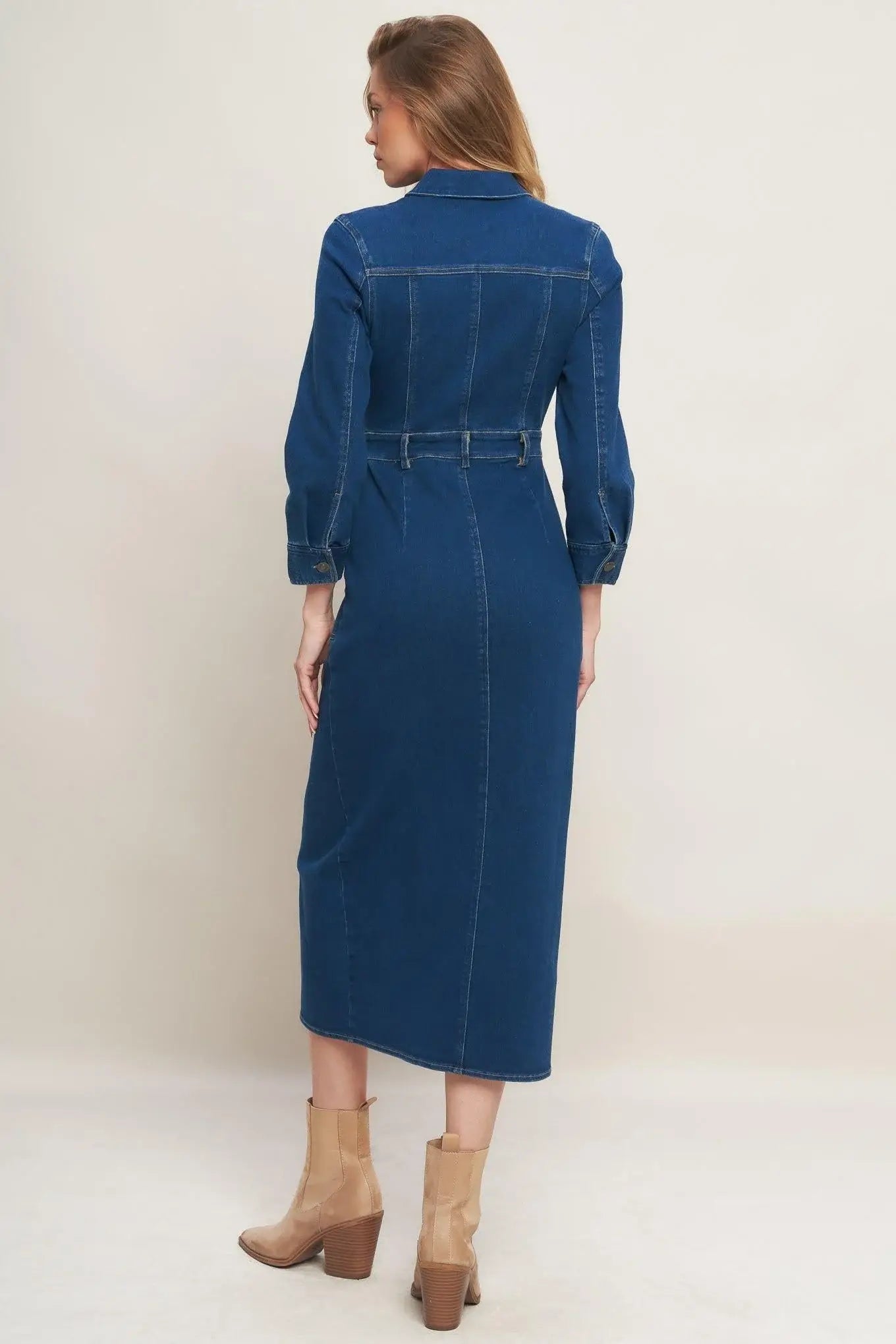 MIDNIGHT DARK INDIGO DENIM MIDI DRESS - Flying Tomato - Flyclothing LLC