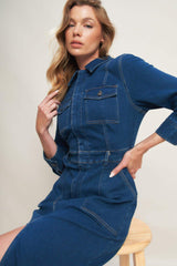 MIDNIGHT DARK INDIGO DENIM MIDI DRESS - Flying Tomato - Flyclothing LLC