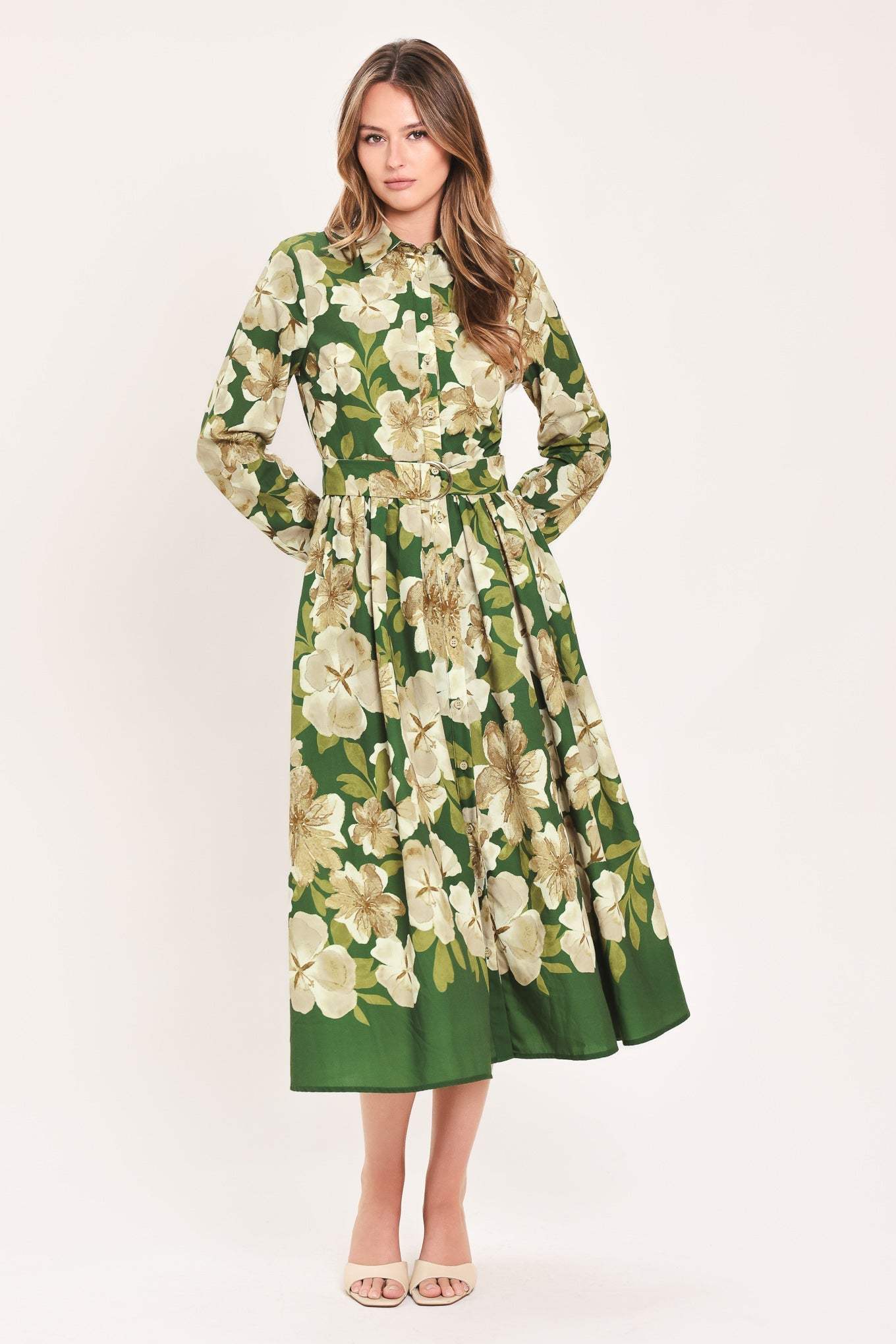 EVERGREEN CAMELLIA DREAM WOVEN MIDI SHIRT DRESS