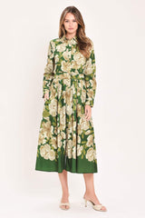 EVERGREEN CAMELLIA DREAM WOVEN MIDI SHIRT DRESS