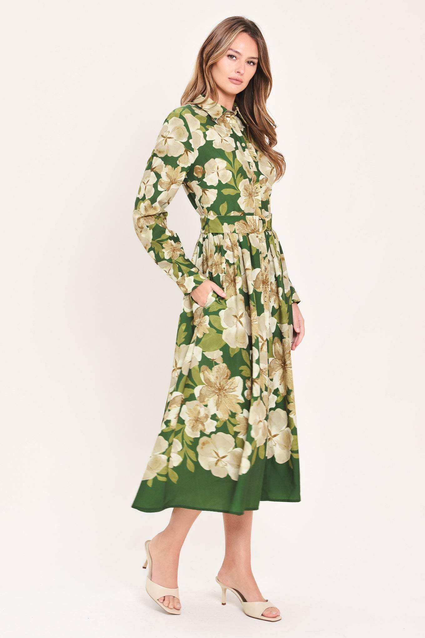 EVERGREEN CAMELLIA DREAM WOVEN MIDI SHIRT DRESS