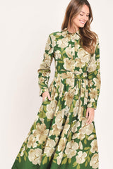 EVERGREEN CAMELLIA DREAM WOVEN MIDI SHIRT DRESS